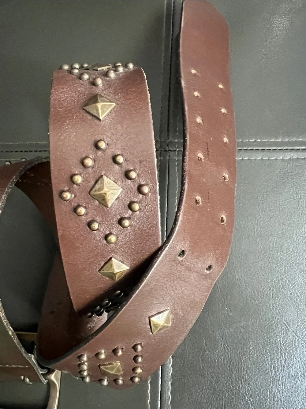 GAP 1990s Brown Leather Made in USA Studded Belt with Brass Accents Medium